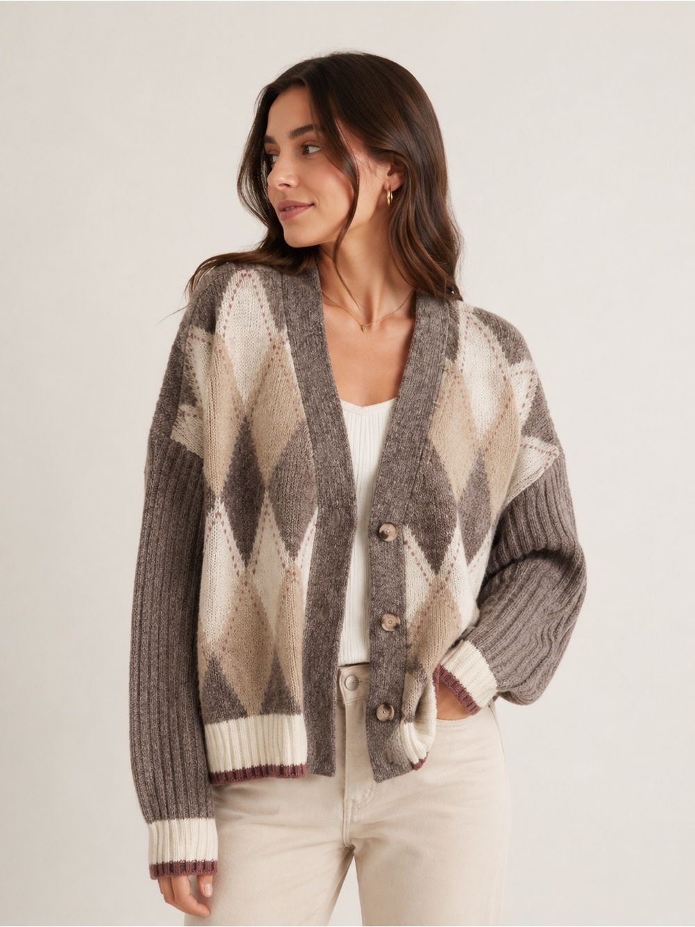 Rachel‎ Zoe Taupe, Cream & Beige Argyle Knit Cardigan
